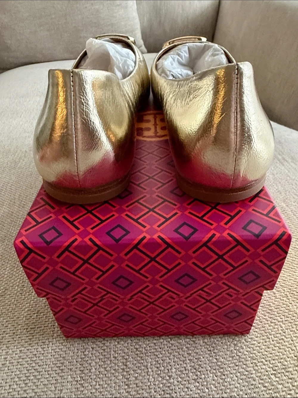 Tory Burch Georgia ballet Metallic Gold Logo Square-Toe Flats